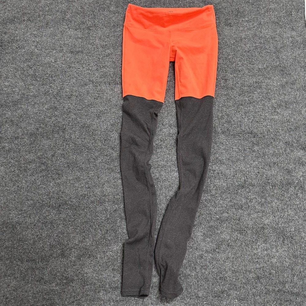 Alo Leggings Womens Size M Neon Orange Grey Colorblock Ribbed Goddess Yoga Pants